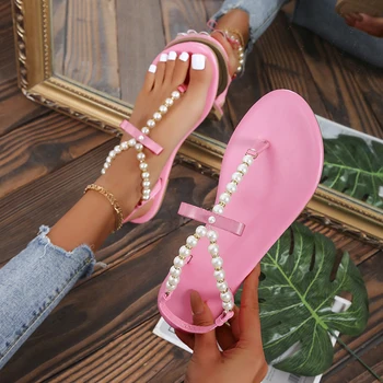 2022 Летни дамски сандали на равна подметка с нитове, сандали дантела с перли, дамски обувки големи Размери 43, Модерни плажни розови обувки без закопчалка