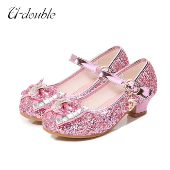 2023 Пролетни детски сандали с кристали за момичета На висок ток, Модни Нескользящие Танцови обувки на Принцесата с Лък и Пайети, размер 25-36