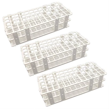 3 броя Пластмасови държачи за пробирок, 60 дупки, за пробирок 16 мм, бял, Подвижна стойка за лабораторни шкафове за пробирок (60 дупки)