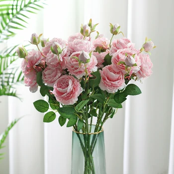 66 см Роза Розова Коприна Букет от Божур Изкуствени Цветя 2 Глави Сватбена Украса на Дома офис декор 