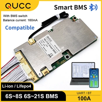 Qucc Smart BMS 8S 10S 12S 13S 15S 16S 20S 24V 36V 48V 100A Балансная такса с вътрешен Bluetooth За 6S до 21S Литийионный Lifepo4