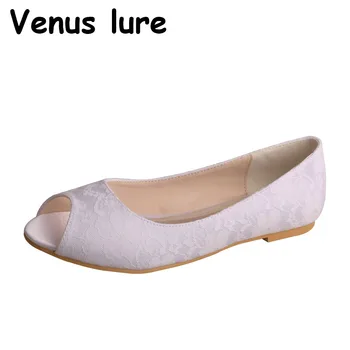 Венера стръв Сватбени Обувки С Отворени Пръсти на Женските Плоски Бели Дантелени Размер 12